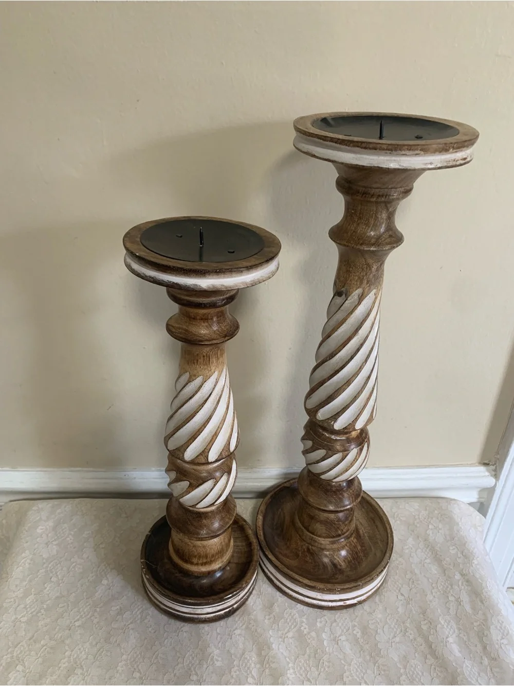 The Wooden Town Rustic Wood Pillar Candle Holders Set of 2 Swirl Carved 18